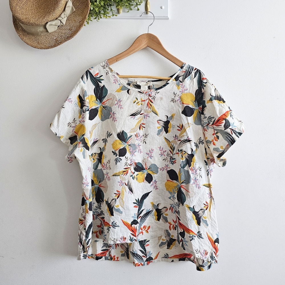 🌿 Cynthia Rowley 100% Linen Floral Short Sleeve Blouse – Women’s US 2X